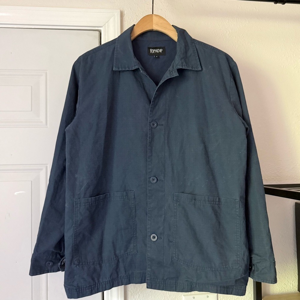 RIPNDIP blue cat wave embroidered patch back button up shirt jacket shacket